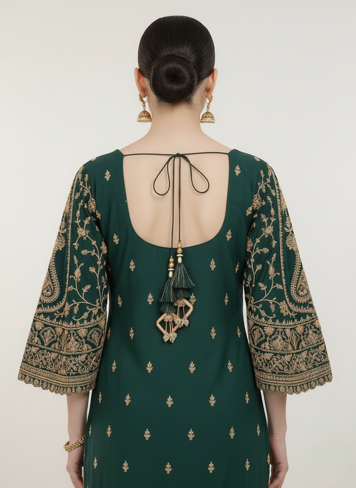 Emerald Green Heavy Embroidered Palazzo Suit with Dupatta