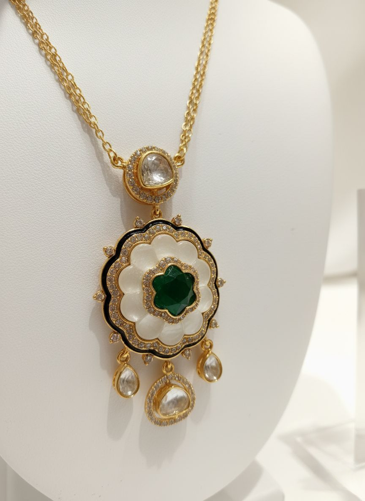 Royal Gold-Plated Kundan & Emerald Green Enamel Necklace Set with Matching Earrings
