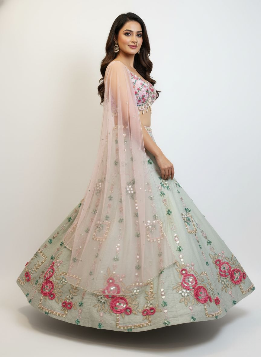 Mint Green Multicolor Floral Embroidered Lehenga Set with Tassel Details
