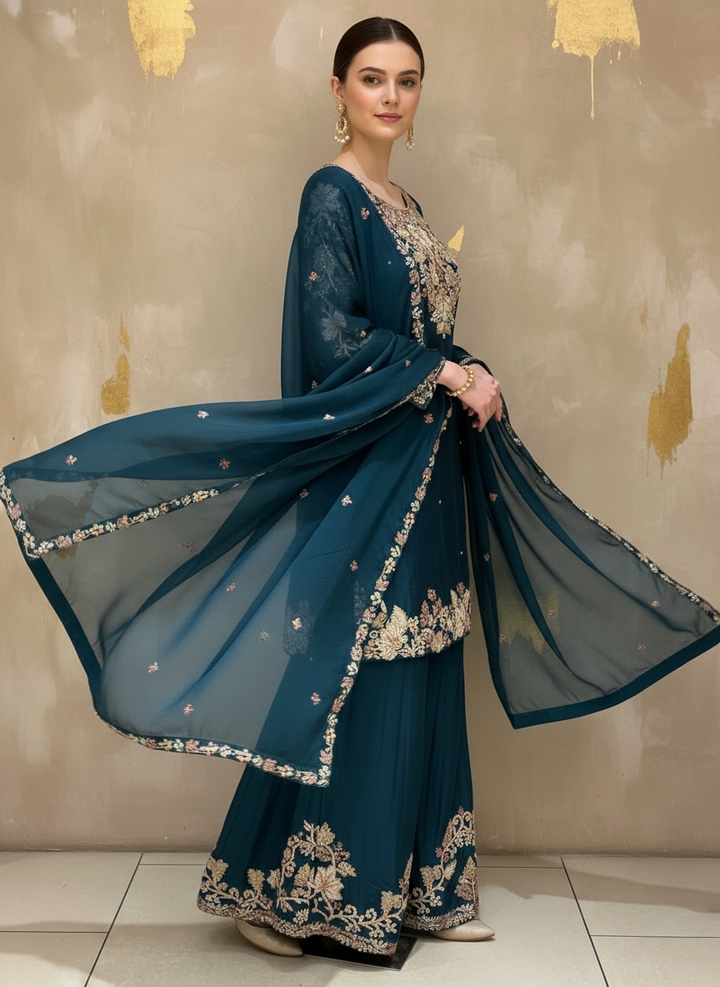 Deep Teal Embroidered Kurta Palazzo Set with Sheer Dupatta