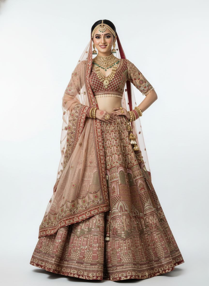 Blush Rose Heavy Bridal Lehenga with Intricate Zari & Hand-Embroidered Detailing