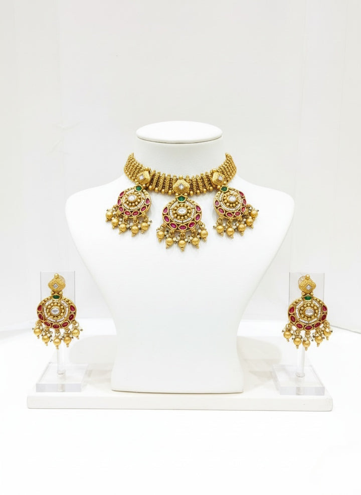 Royal Kundan Choker Necklace Set with Ruby & Emerald Stones