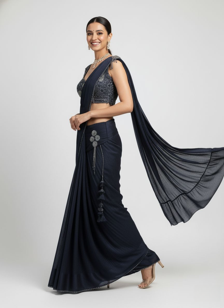 Navy Blue Ready-to-Wear Saree with Hand-Embroidered Blouse