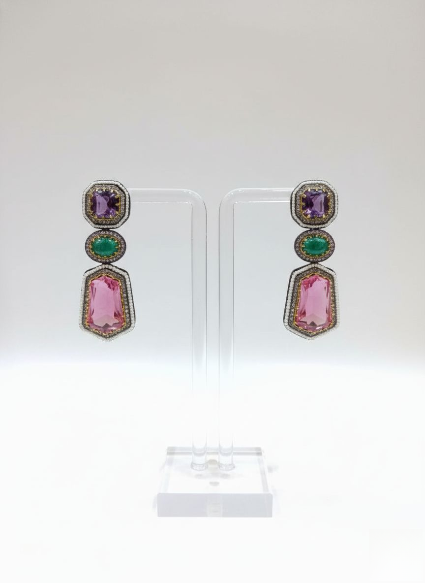 Multicolor Semi-Precious Gemstone Polki Necklace Set with Long Statement Design