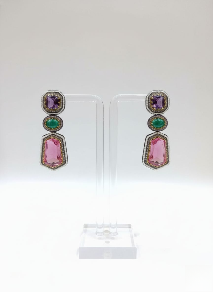 Multicolor Semi-Precious Gemstone Polki Necklace Set with Long Statement Design