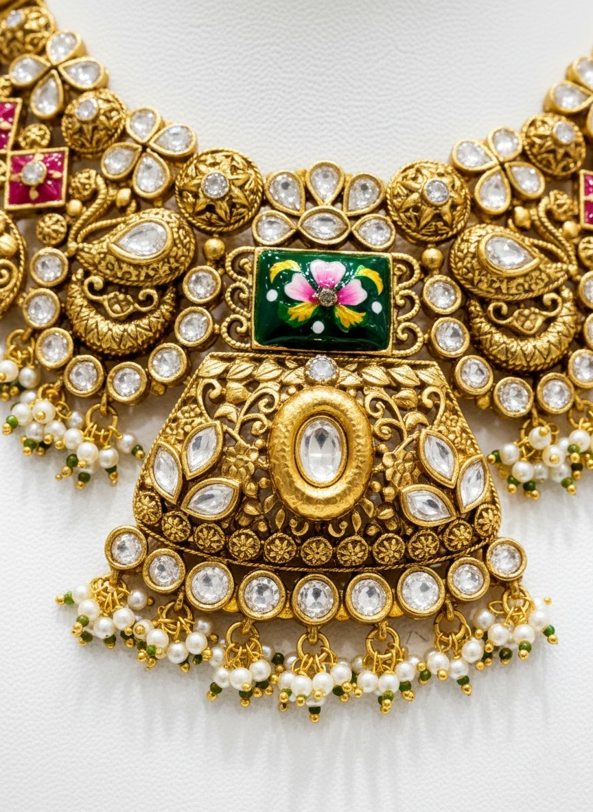 Grand Temple-Inspired Kundan Choker Necklace Set with Ruby & Emerald Stones