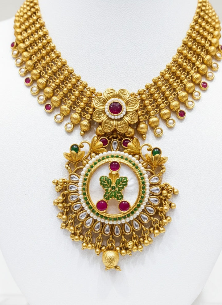 Grand Temple-Inspired Kundan Necklace Set with Ruby & Emerald Detailing