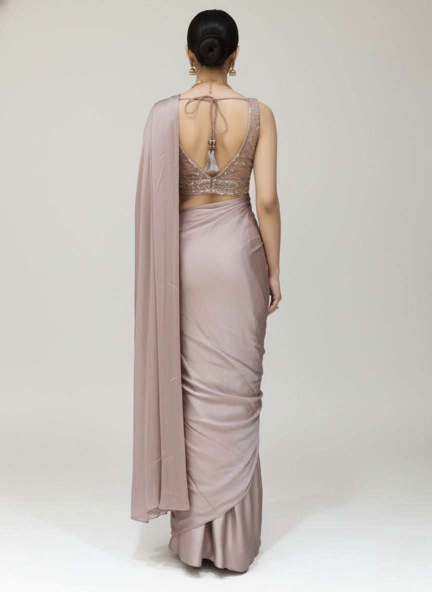 Ready to Wear Dusty Rose Pleated Saree with Embroidered Blouse