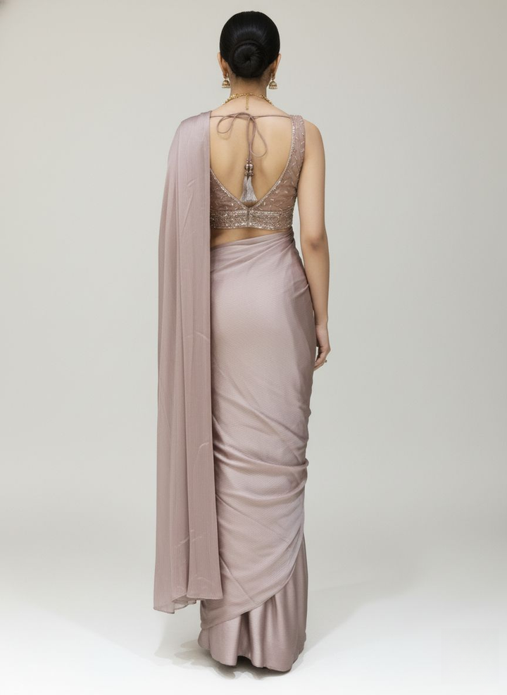 Ready to Wear Dusty Rose Pleated Saree with Embroidered Blouse