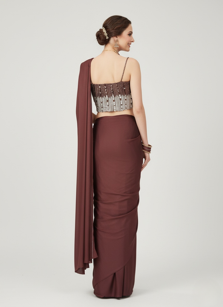 Wine Brown Pre-Draped Saree with Sequin Embellished Blouse