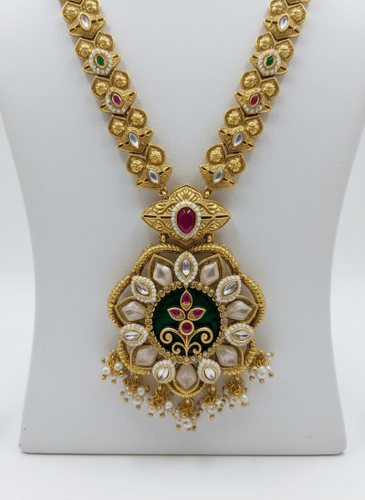 Elegant Gold Necklace Set with Enamel and Kundan Work