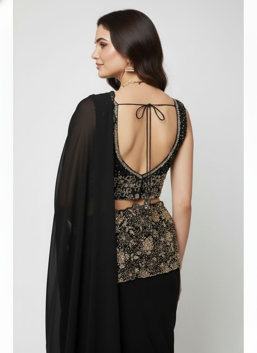 Black Designer Ready-to-Wear Saree with Heavy Gold Embellished Blouse & Drape Detailing