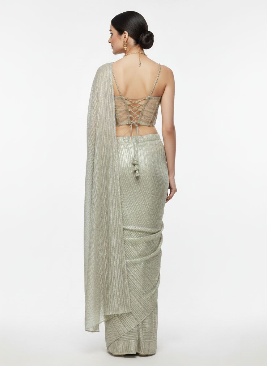 Platinum Metallic Pre-Draped Saree with Hand-Embroidered Bustier