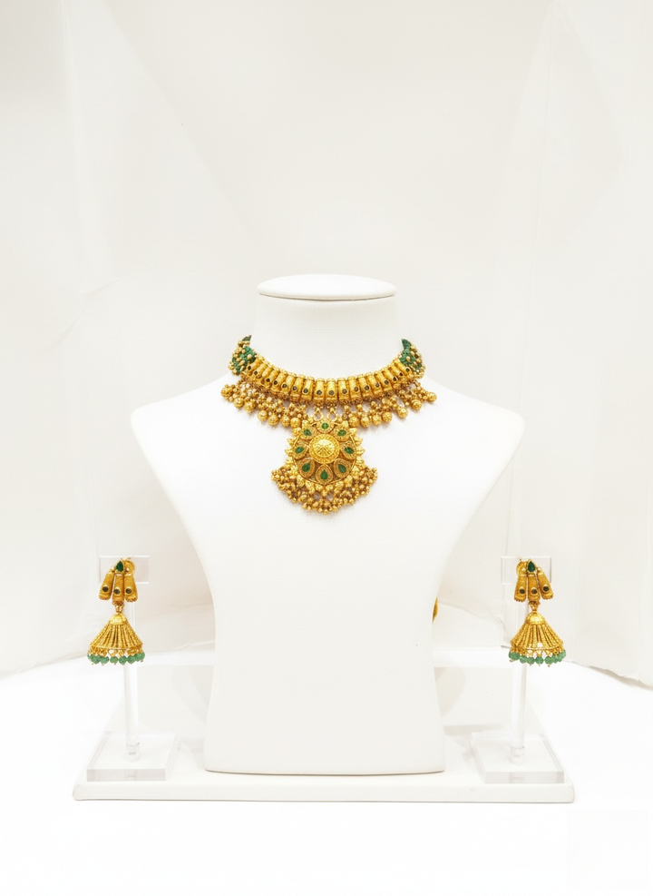 Temple-Inspired Gold Necklace Set with Green Enamel & Bead Drops