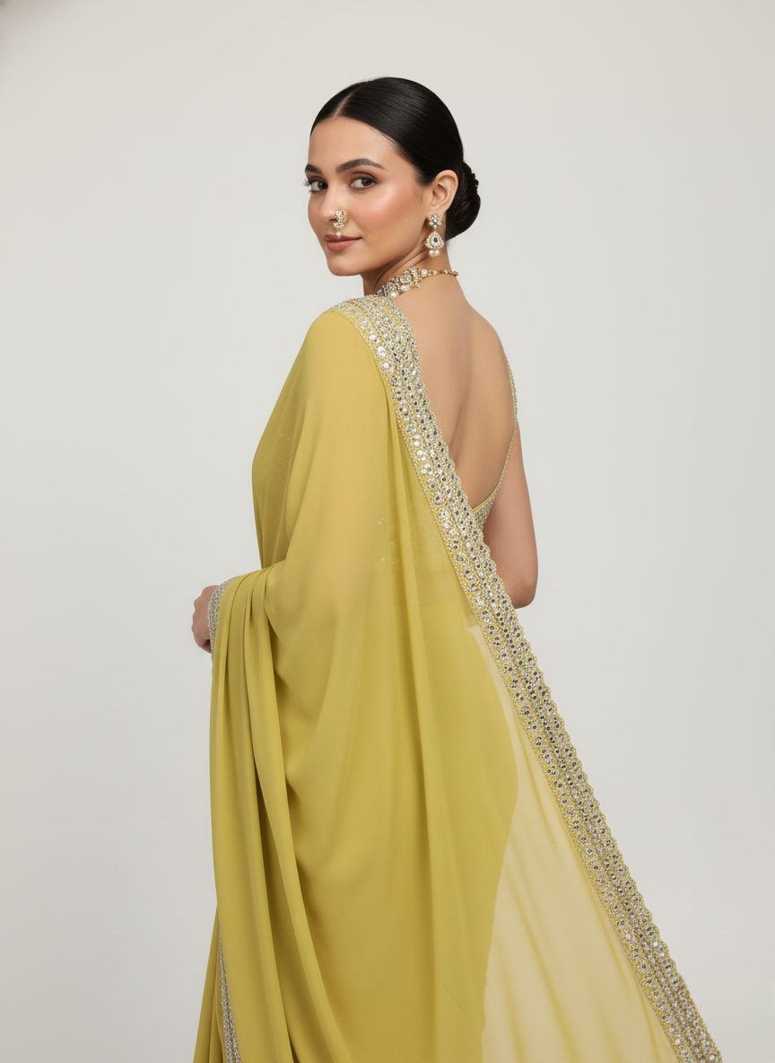 Olive Green Sequin Border Designer Ready to Wear Saree with Embellished Blouse