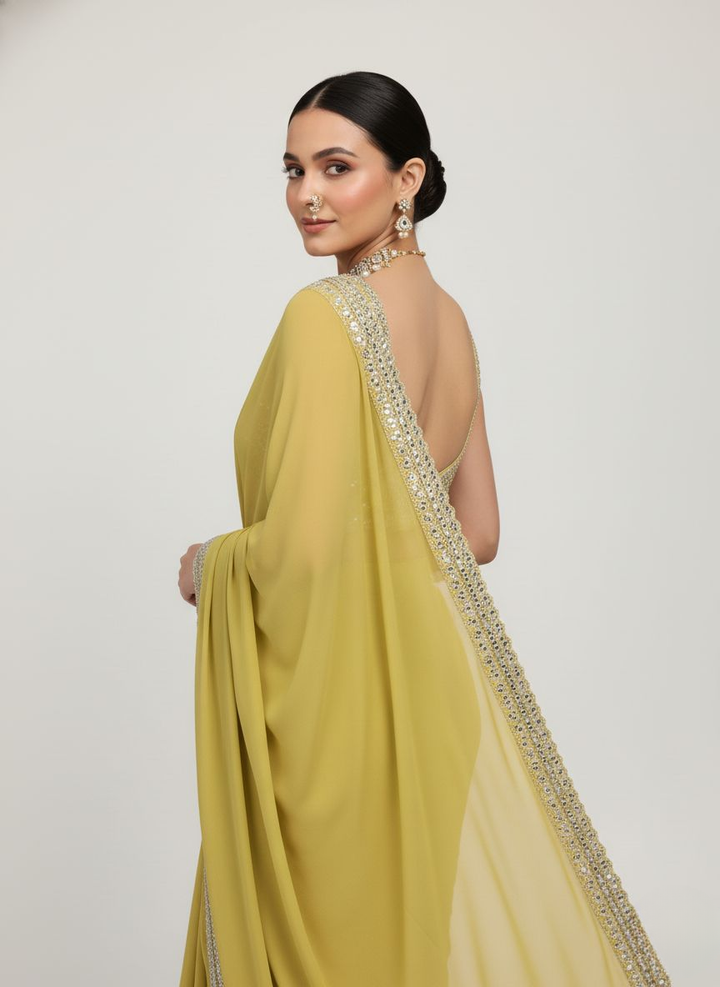 Olive Green Sequin Border Designer Ready to Wear Saree with Embellished Blouse
