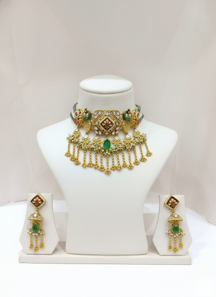 Regal Peacock Kundan Choker Necklace Set with Emerald Stones & Hanging Beads