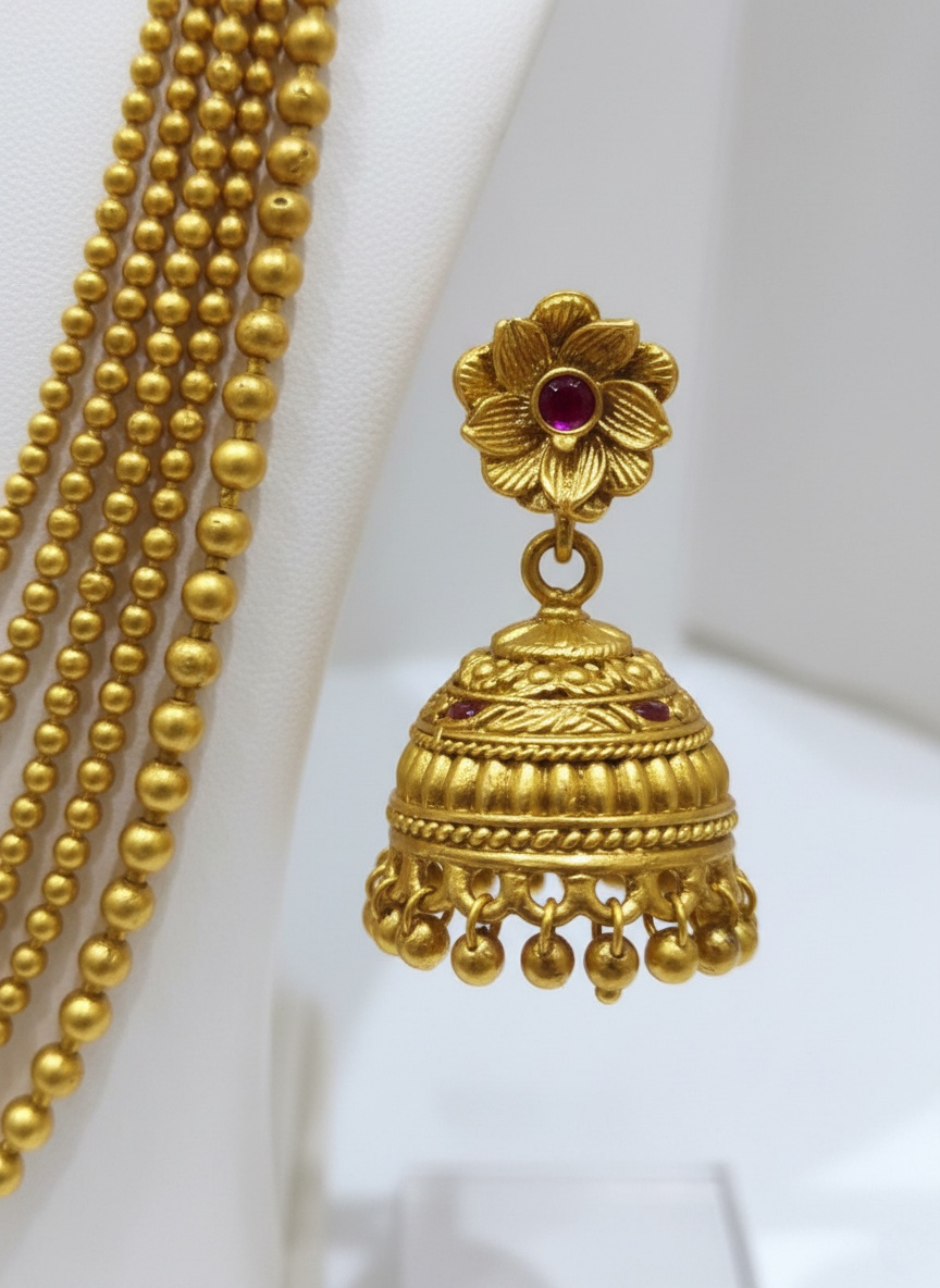 Royal Five-Layer Gold Bead Mala with Antique Jhumka Earrings