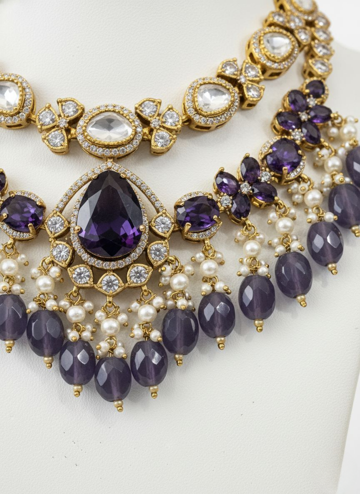Royal Purple & Kundan Layered Necklace Set with Matching Chandbali Earrings