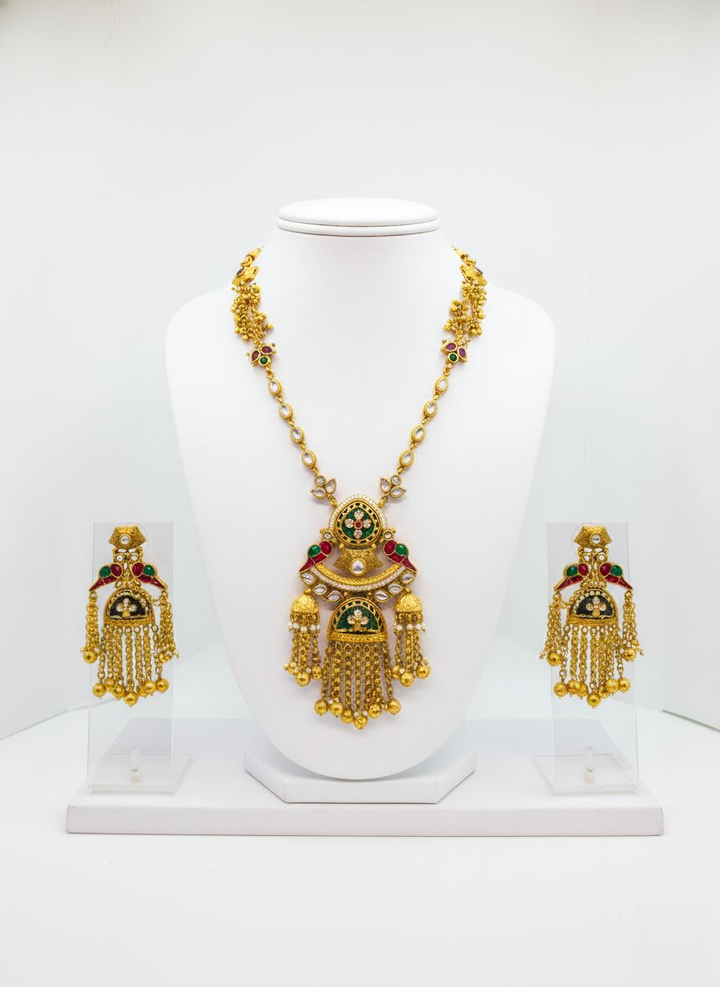 Antique Gold Temple Necklace Set with Ruby & Emerald Stones