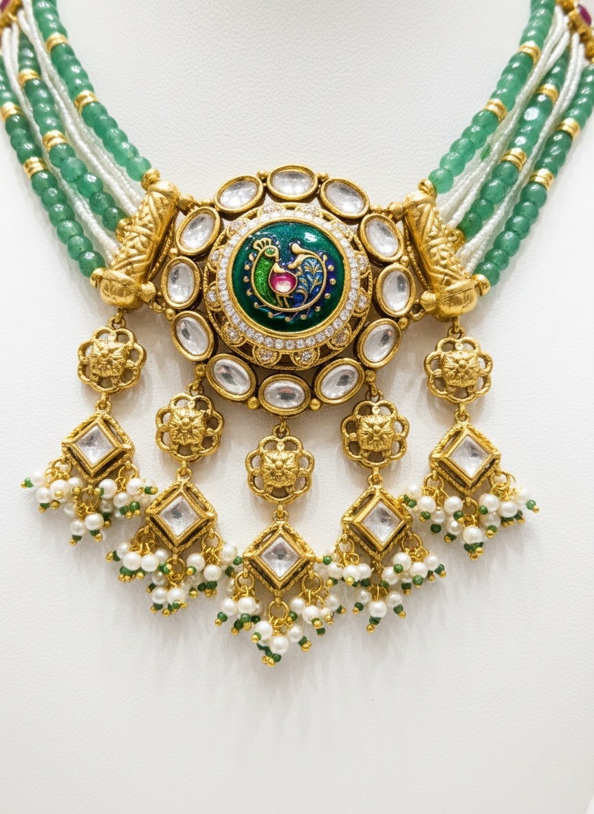 Emerald Green Beaded Kundan Choker Necklace Set with Enamel Pendant