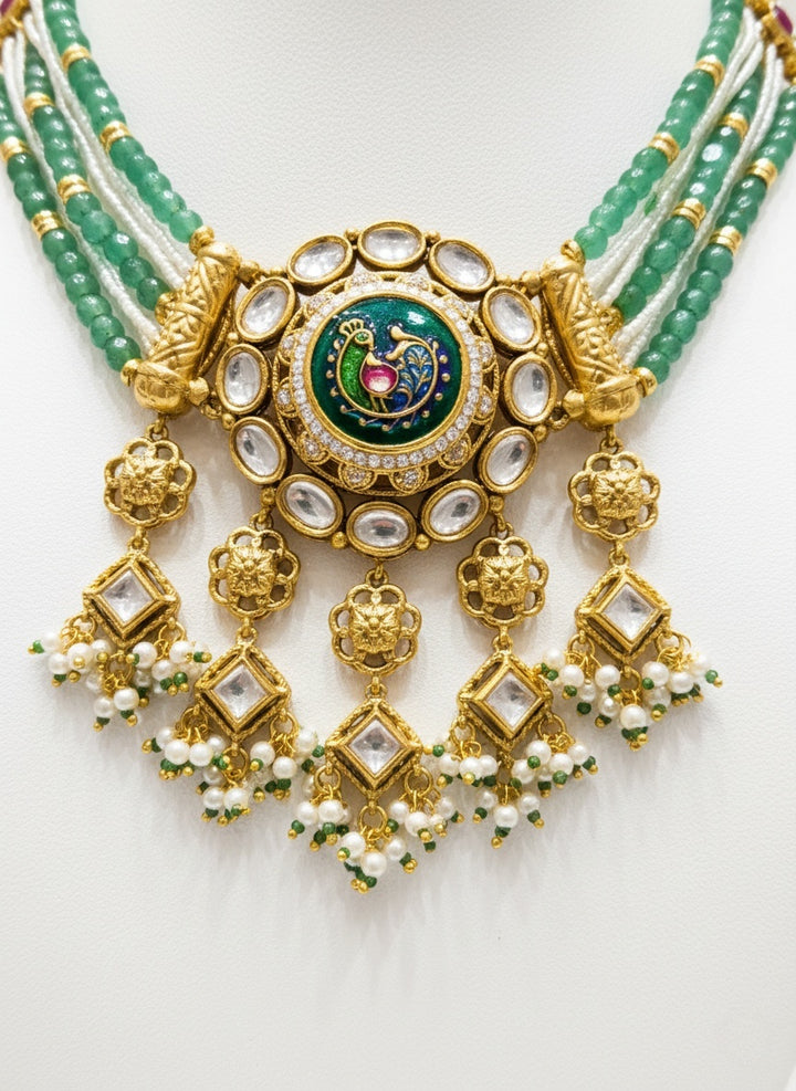 Emerald Green Beaded Kundan Choker Necklace Set with Enamel Pendant