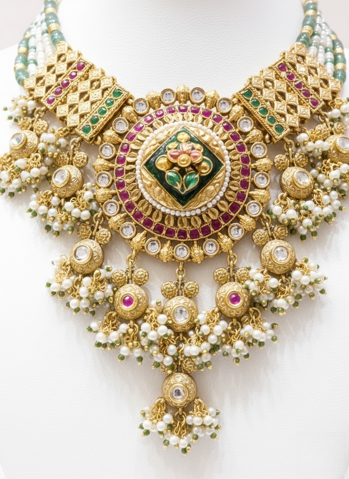 Grand Polki Kundan Bridal Necklace Set with Green & Ruby Detailing