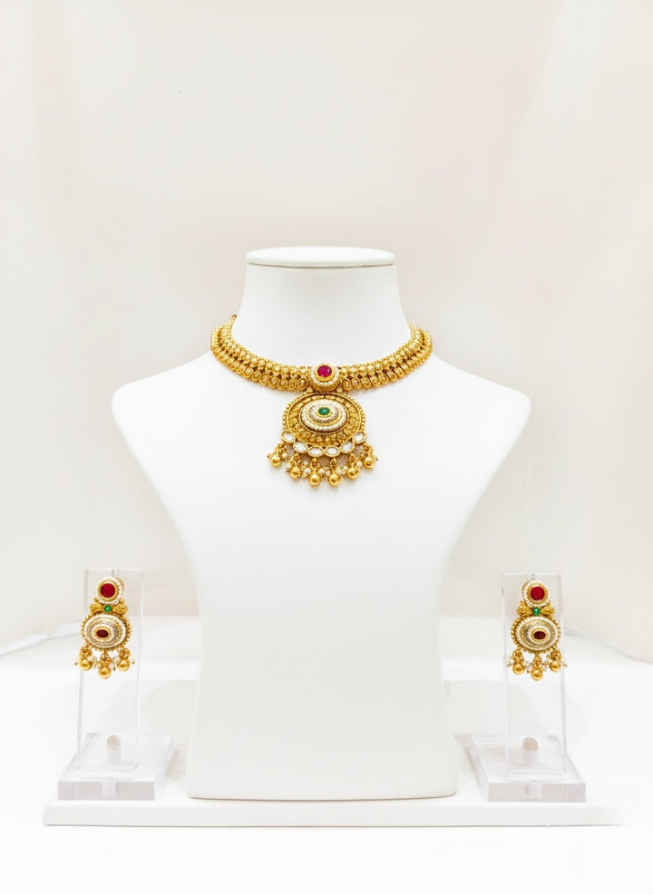 Antique Gold Temple Choker Necklace Set with Kundan & Ruby Drops