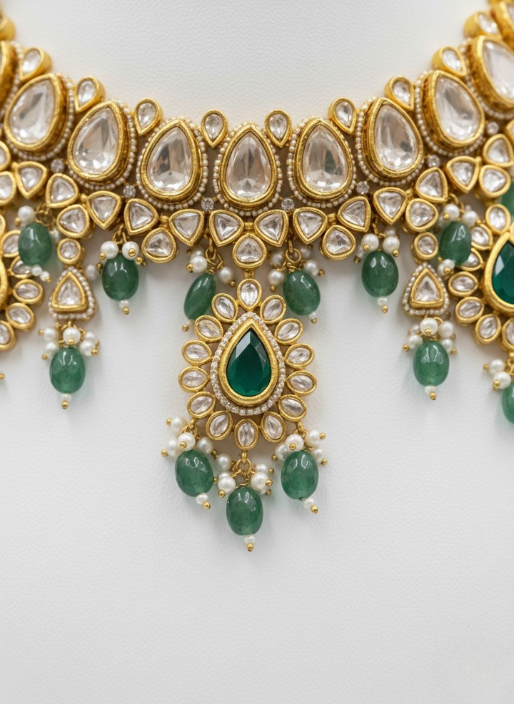 Emerald Green & Gold Kundan Bridal Necklace Set with Pearl Drops