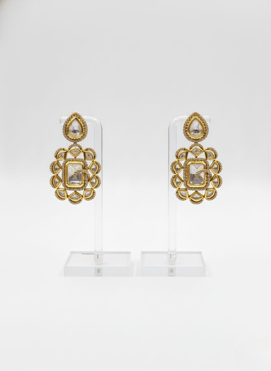 Classic Gold Polki Kundan Layered Necklace Set with Statement Earrings