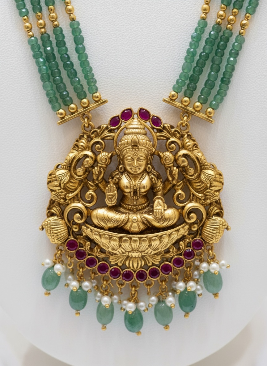 Temple Jewelry Set with Green Beads and Goddess Lakshmi Pendant