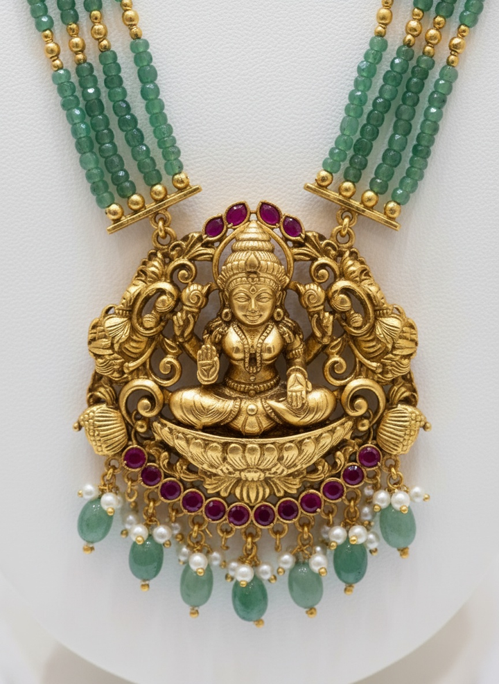 Temple Jewelry Set with Green Beads and Goddess Lakshmi Pendant