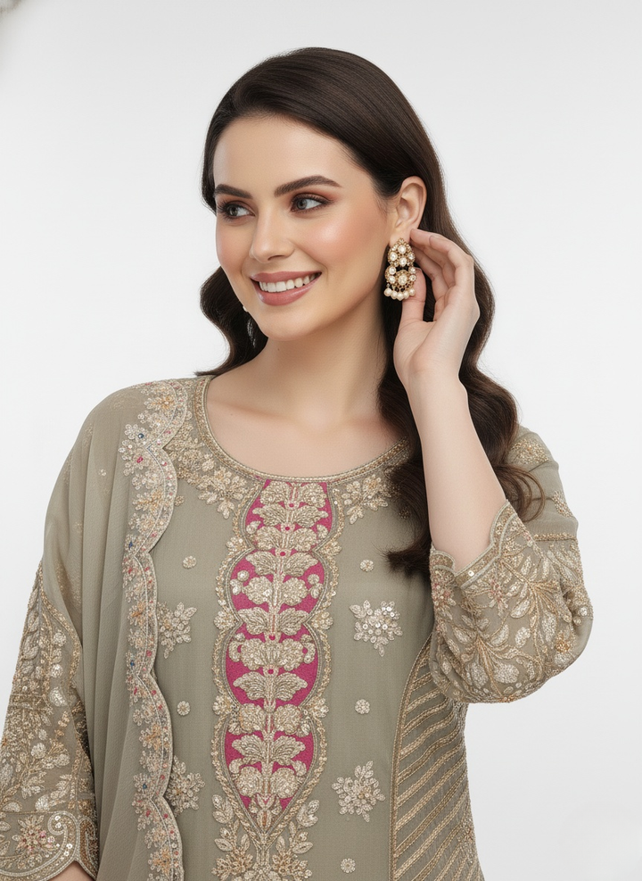 Taupe Beige Embroidered Kurta Palazzo Set with Scalloped Net Dupatta