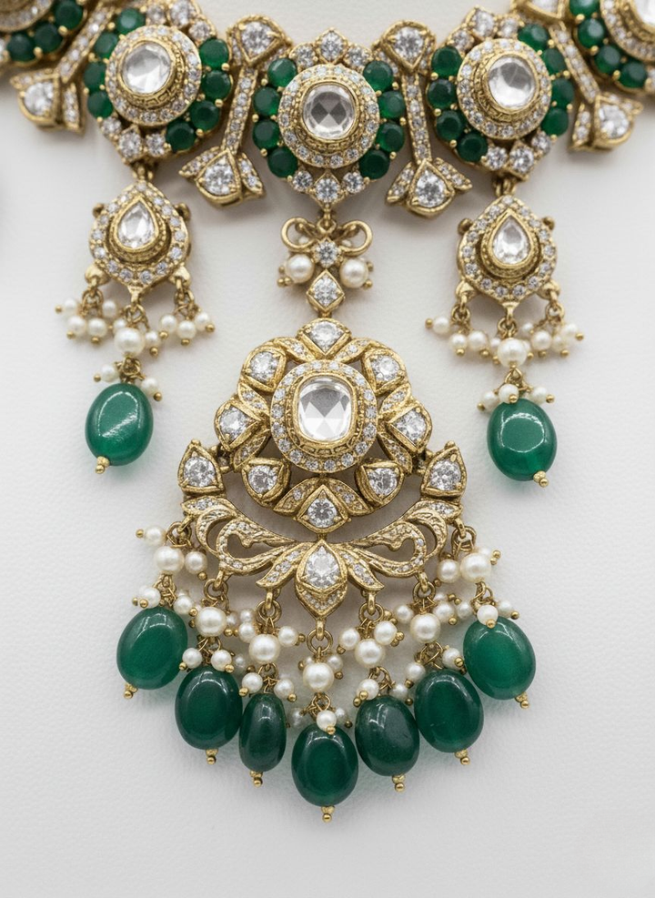 Emerald Green & Kundan Heavy Bridal Necklace Set with Chandbali Earrings