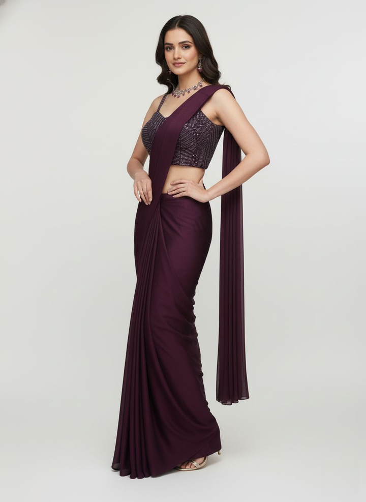 Plum Purple Pre-Draped Saree with Sequin Embroidered Blouse