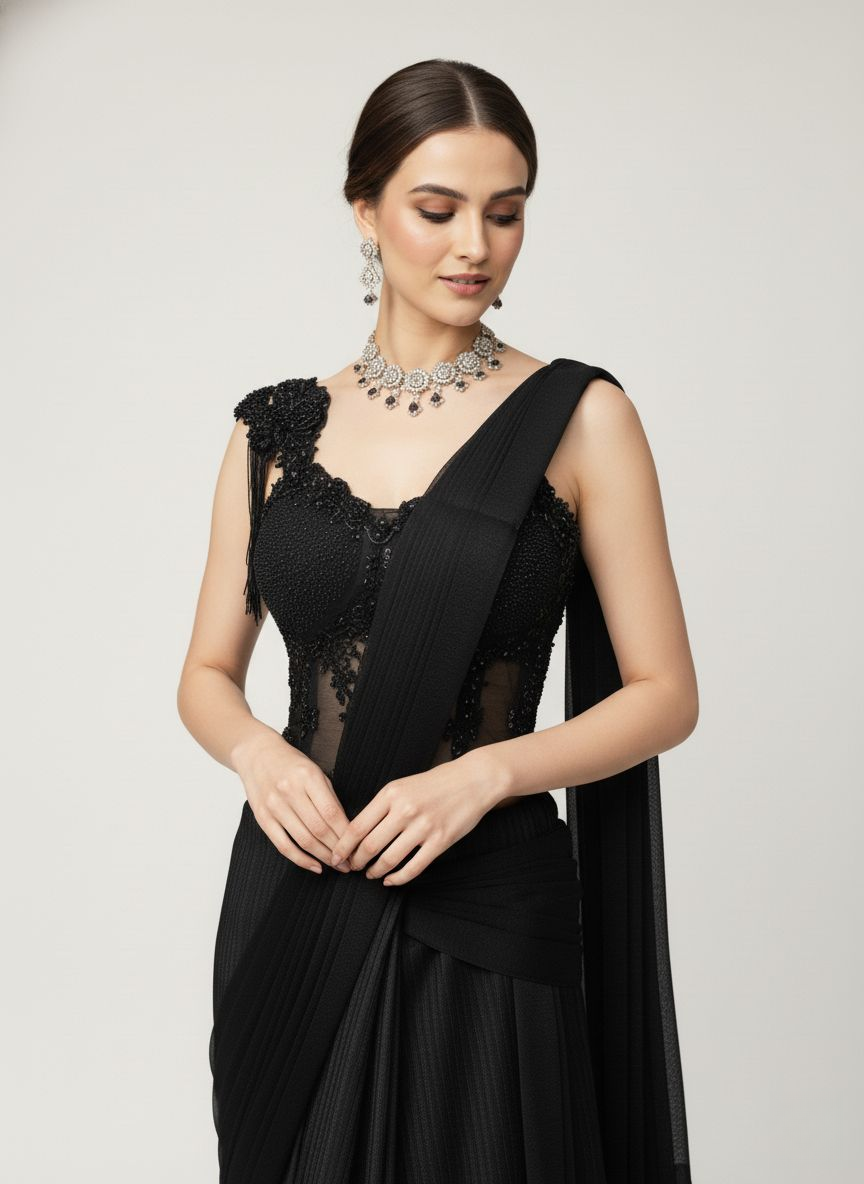 Luxury Black Ready-to-Wear Saree with 3D Floral Embroidered Blouse