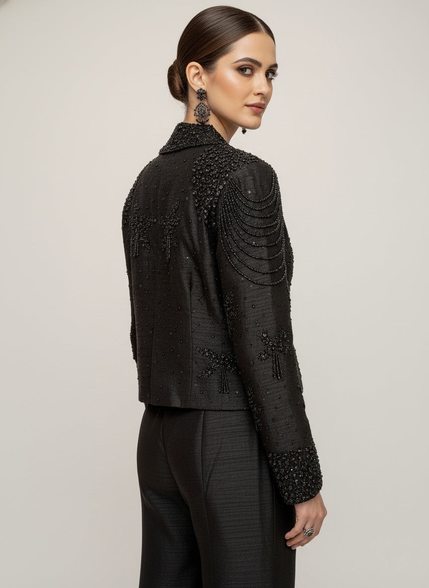 Black Embellished Jacket with Flared Palazzo Pants