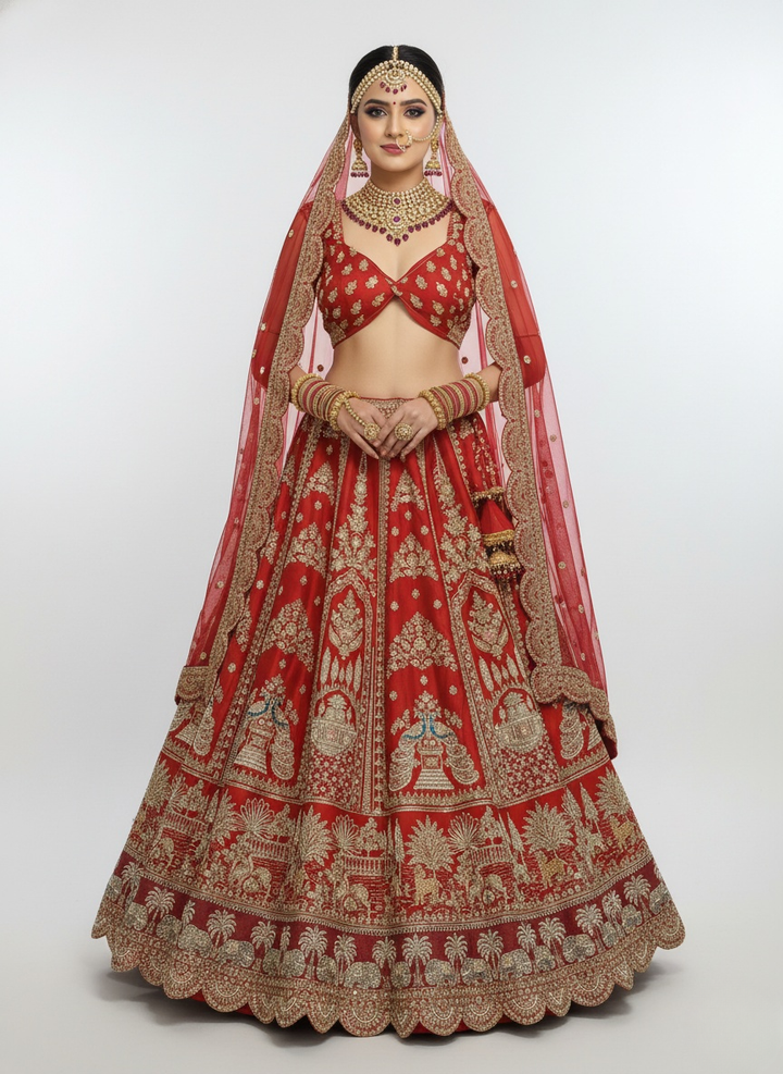 Classic Red Bridal Lehenga with Heavy Gold Zari & Temple Motif Embroidery
