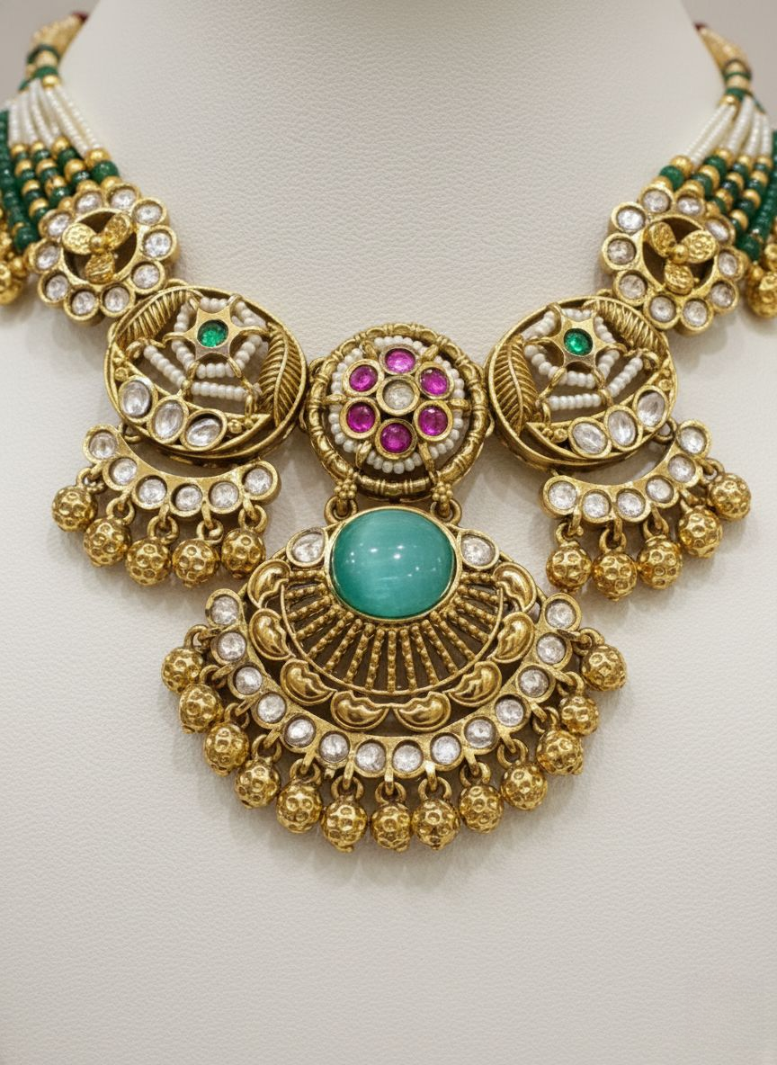 Antique Gold Kundan & Turquoise Temple Necklace Set