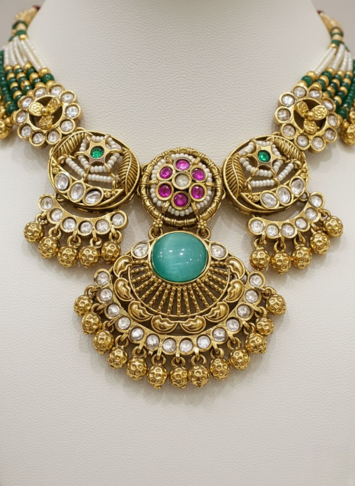 Antique Gold Kundan & Turquoise Temple Necklace Set