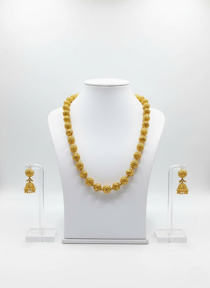 Classic Gold Bead Necklace Set with Jhumka Earrings – Traditional Filigree Design Jewelry