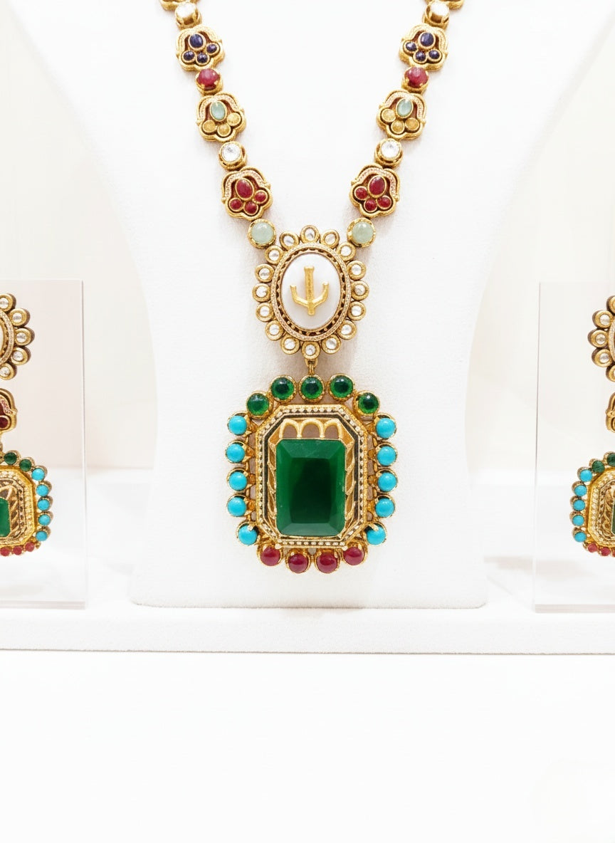Emerald Green Kundan and Meenakari Long Necklace Set with Multicolor Detailing