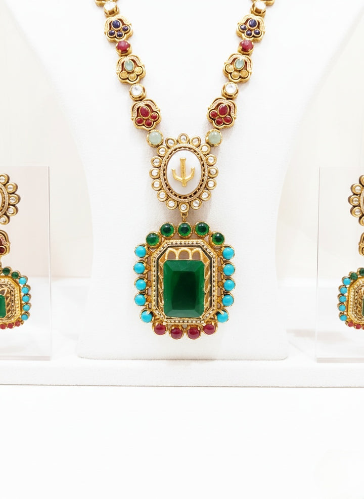 Emerald Green Kundan and Meenakari Long Necklace Set with Multicolor Detailing