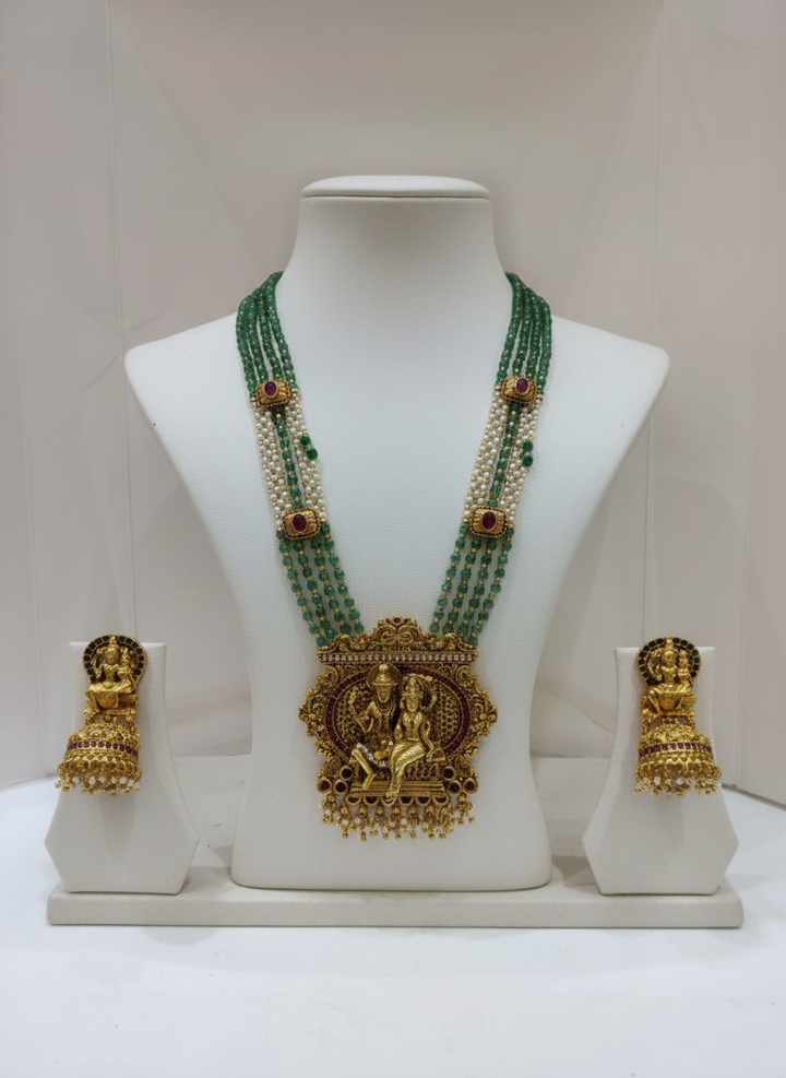 Temple Necklace Set with Shiva-Parvati Pendant & Jhumkas