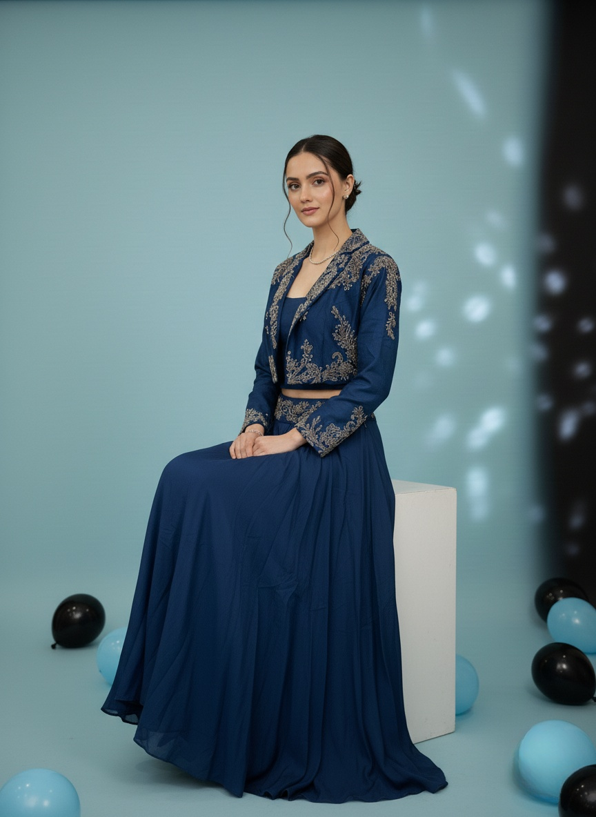Midnight Blue Embroidered Crop Top with Jacket & Flared Skirt Set