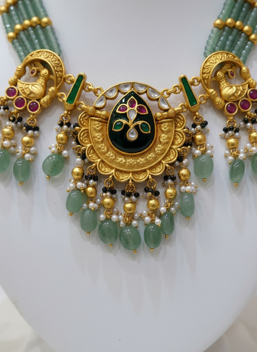 Majestic Temple Necklace Set with Kundan Work & Green Bead Detailing