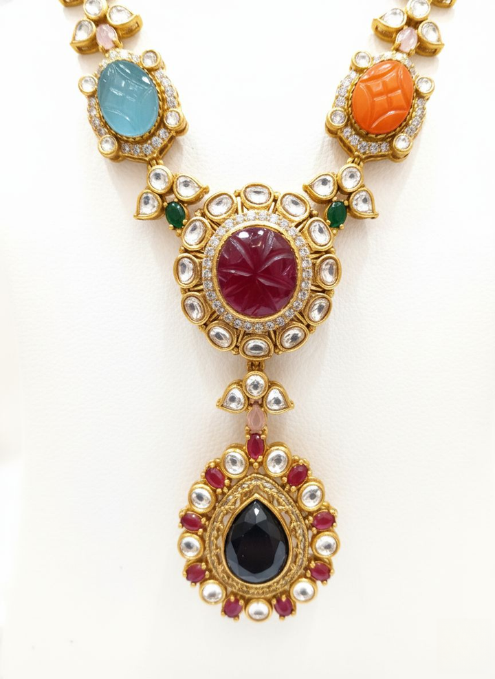 Royal Navratna Carved Gemstone Necklace Set with Kundan & Pearls