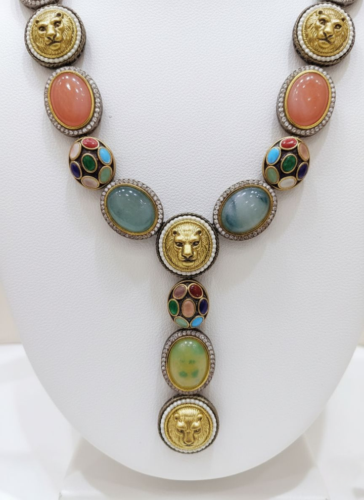 Antique Multicolor Gemstone Necklace Set with Lion Motif & Enamel Detailing