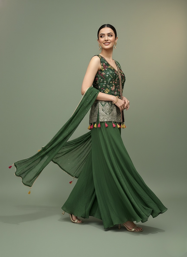 Emerald Green Embroidered Top with Flared Palazzo & Dupatta Set