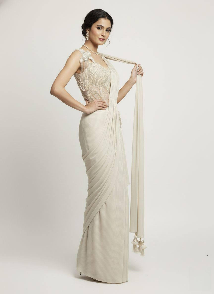 Ivory Ready-to-Wear Saree with Pearl Embellished Blouse